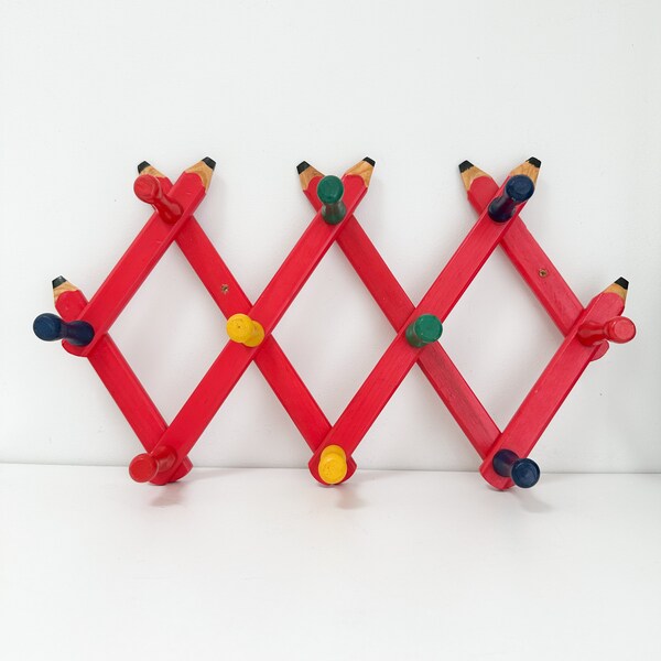 1980s Expandable Wooden Peg Rack in Primary Colors Shaped like Pencils, Accordion Coat Rack, Postmodern Hat Rack Vintage, 1980s Kids' Decor