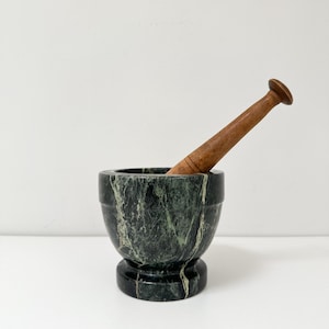 Vintage Green Marble Mortar and Wood Pestle, Vintage Marble Mortar and Pestle, Marble Spice Apothecary Bowl, Marble Kitchen Decor