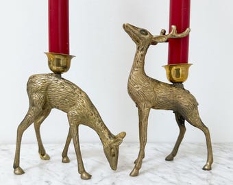 Vintage Brass Deer Candle Holders, Brass Doe and Buck Candle Holders. Solid Brass Deer Figurines. Christmas Candles Mantel Decor