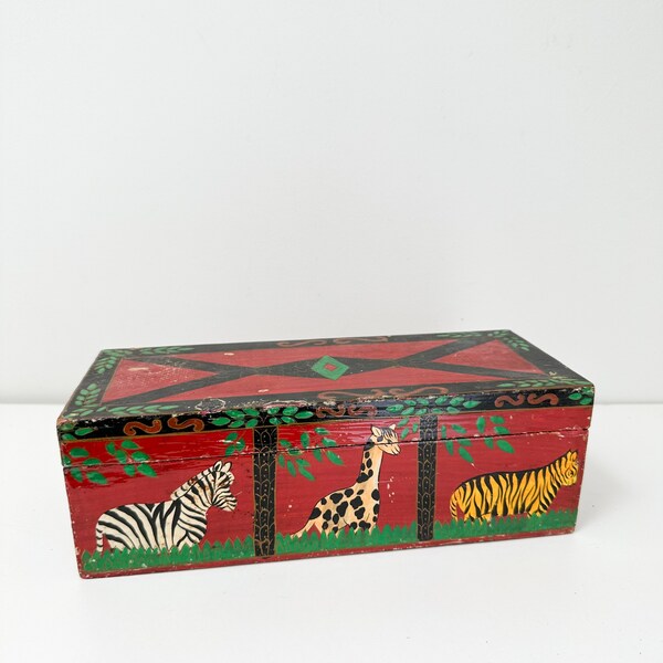 Vintage Wooden Lacquered Animal Trinket Box, Hand Painted Jewelry Box, Safari Animal Decor Made in India, Rectangular Red Lidded Box