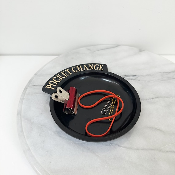 Vintage Pocket Change Dish Black Plastic with Gold Lettering, Vintage Trinket Dish, Catch All, Round Change Dish
