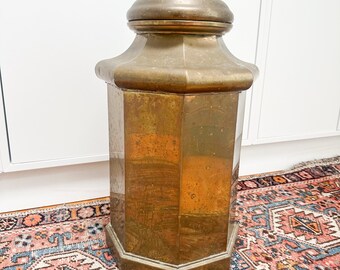 Large Vintage Brass Octagonal Lidded Canister, Large Tea Caddy Form, Chinoiserie Decor