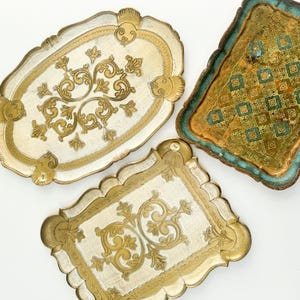 Vintage Gold Gilt Florentine Trays Multiple Available, Wooden Scalloped Edge Tray, Drink Tray Made in Italy, Aqua and Gold Gilded Tray
