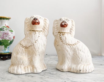 Large Victorian Staffordshire Dog Chalkware Statues. King Charles Spaniel Statues. Vintage Mantel Dog Figurines. Fireplace Dogs