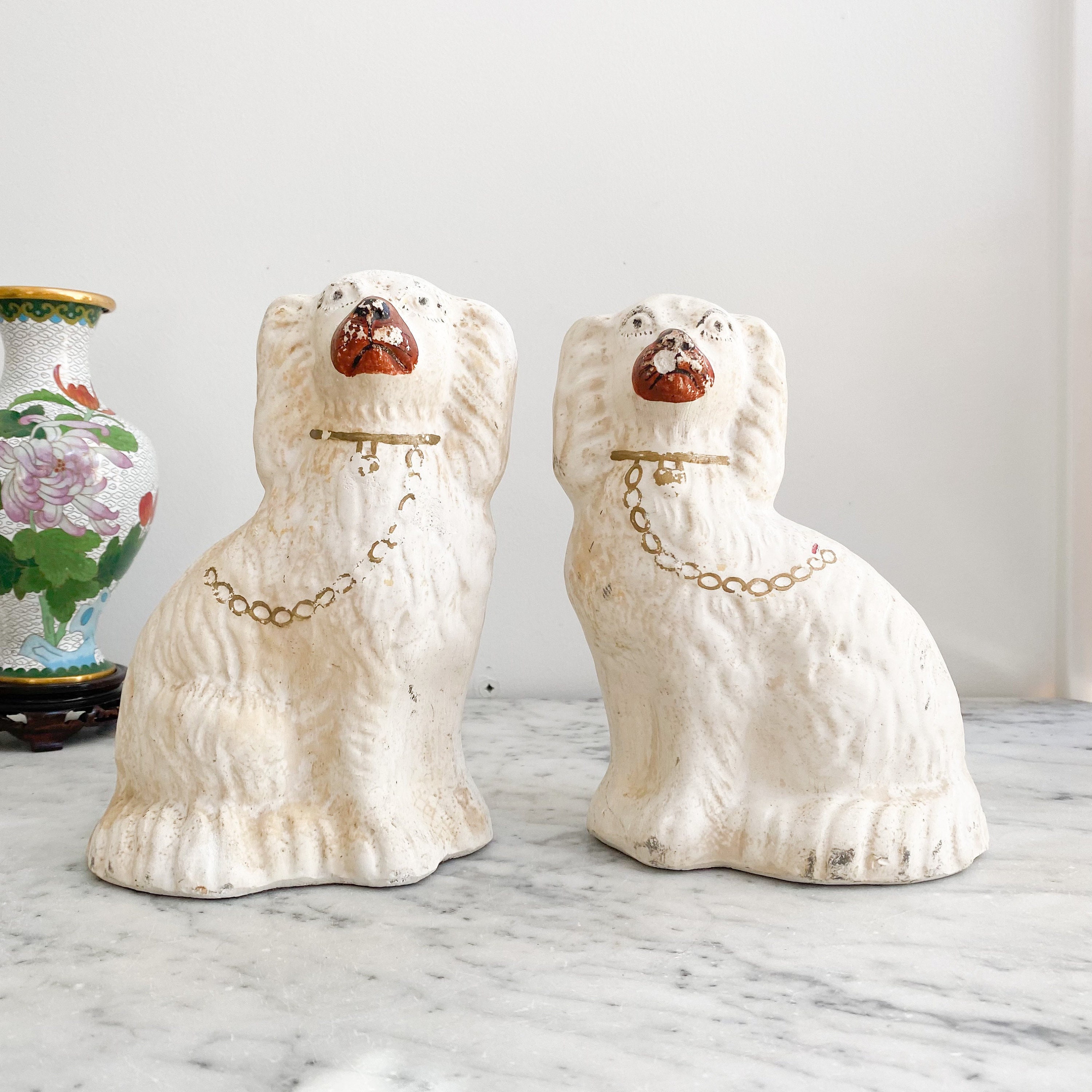 Large Victorian Staffordshire Dog Chalkware Statues, King Charles