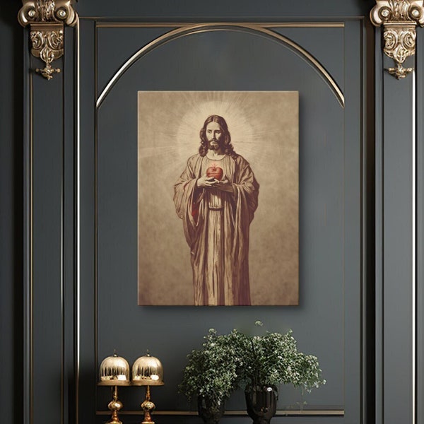 Vintage Jesus Christ Sacred Heart Art  Canvas Rolled Poster and  Framed Poster Prints Home Decor Faithful Gift Religious Decor