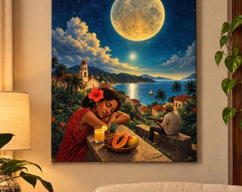 Cuadro decorativo caribeño a la luz de la luna, lienzo enmarcado o póster.
