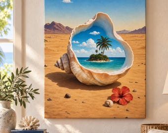 Cuadro decorativo de concha marina, lienzo o póster enmarcado de estilo surrealista tropical.