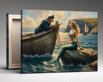 Mermaid and Sailor Art Print: Vintage Nautical Seascape Canvas