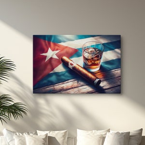 Cuban Nostalgia, The Cuba Flag, Rum, and Cigars Canvas Art, Rolled Poster, Cuban Art.