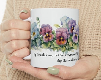 Pansy Watercolor Ceramic Mugs, 15oz, 11oz, Floral mug, Soft Colors, Nature-inspired Coffee Cups, Artistic Drinkware