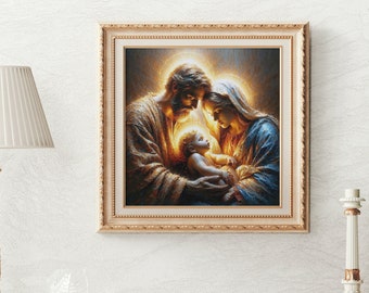 Holy Family Art Christian Artwork Virgin Mary and Joseph Baby Jesus Portrait Heavenly Art Sacred Painting Spiritual Wall Decor