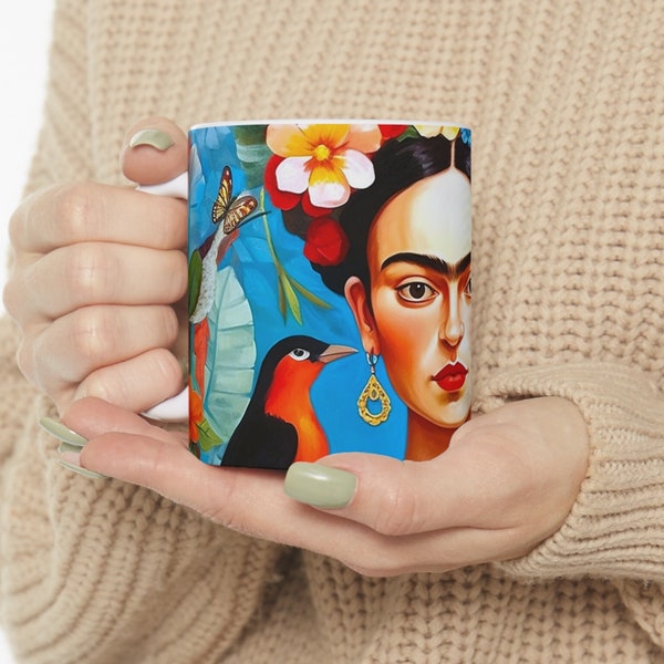 Frida Kahlo Inspired Coffee Mug - Colorful Naive Art Design - 11oz and 15oz Sizes, Peaceful and Inspiring Home Decor, Tea, and Hot Chocolate