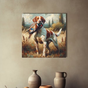 Dog with Pheasant Canvas Print: Rustic Hunting Lodge Art