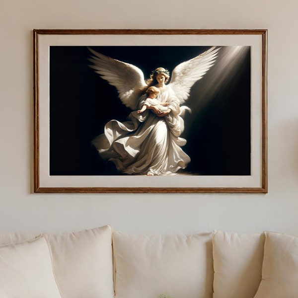 Angelic Guardianship Protective Cherub Embrace Heavenly Light Spiritual Art Print Sacred Guardian Angel and Child Imagery