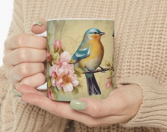 Vintage Bird and Flower Ceramic Coffee Mug - Delicate Watercolor Design