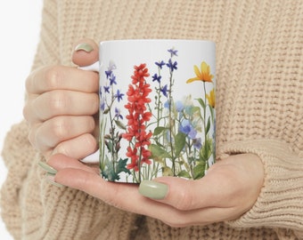 Colorful Watercolor Wildflowers Ceramic Mugs, White, 15 oz and 11 oz, Beautiful Floral Design, Nature Inspired, for Tea and Coffee Lovers.