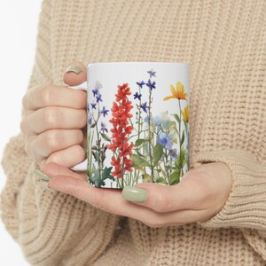 Colorful Watercolor Wildflowers Ceramic Mugs, White, 15 oz and 11 oz, Beautiful Floral Design, Nature Inspired, for Tea and Coffee Lovers.