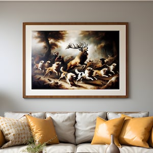 Stag Hunt Canvas Art: Dramatic Forest Chase with Hunting Dogs