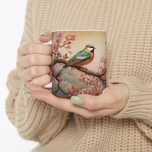 Elegant White Ceramic Coffee Mugs, Vintage Birds and Floral Design, 15 oz and 11 oz , Watercolor Painting, for Tea and Coffee Connoisseurs