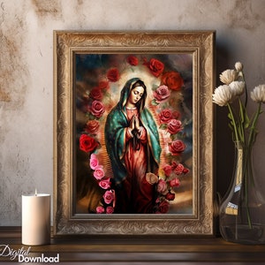 Virgin of Guadalupe Print: Colorful Roses Halo, Mexican Religious Art (Digital Download)