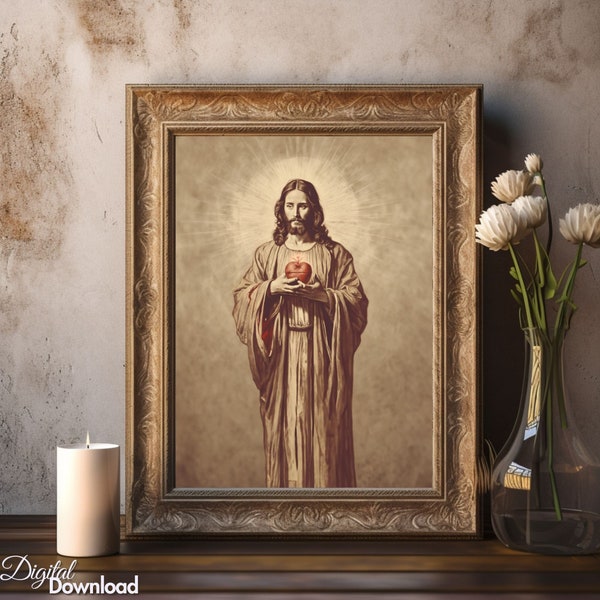 Sacred Heart Jesus Printable Christian Wall Art Spiritual Decor Vintage Religious Digital Download Jesus  Print Decor Church Symbolic Image