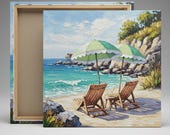 Coastal Beach Chairs Wall Art Print, Ocean Landscape Canvas or Giclée Poster