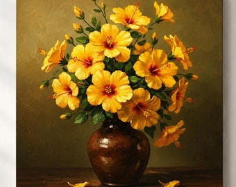 Cuadro de hibisco amarillo para pared – Naturaleza muerta floral brillante sobre lienzo