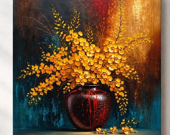 Cuadro floral de orquídea dorada para pared, lienzo botánico texturizado, elegante impresión giclée.