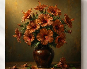 Cuadro de hibisco en terracota, lienzo floral vintage, impresión giclée botánica cálida.