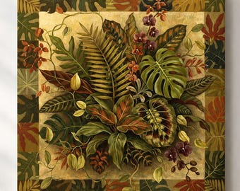 Cuadro botánico tropical para pared: lienzo con exuberantes hojas de la selva.