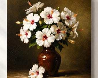 Cuadro de hibisco blanco para pared – Elegante lienzo con naturaleza muerta floral