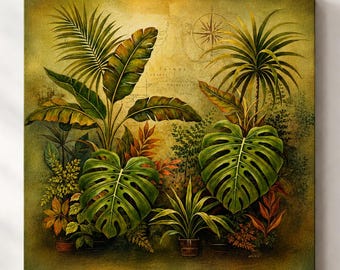 Cuadro decorativo de hojas tropicales – Lienzo botánico vintage de la selva