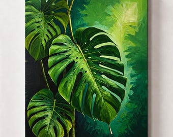 Cuadro de hoja de monstera, pintura botánica tropical, decoración moderna de pared con temática de la jungla.