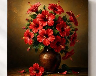 Lienzo con ramo de hibiscos, jarrón de flores rojas, bodegón floral oscuro