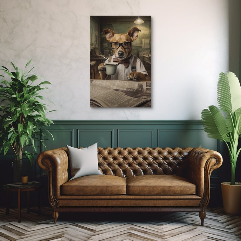 Funny Dog Canvas Print and Poster, Office Style Dog Art With Coffee Mug