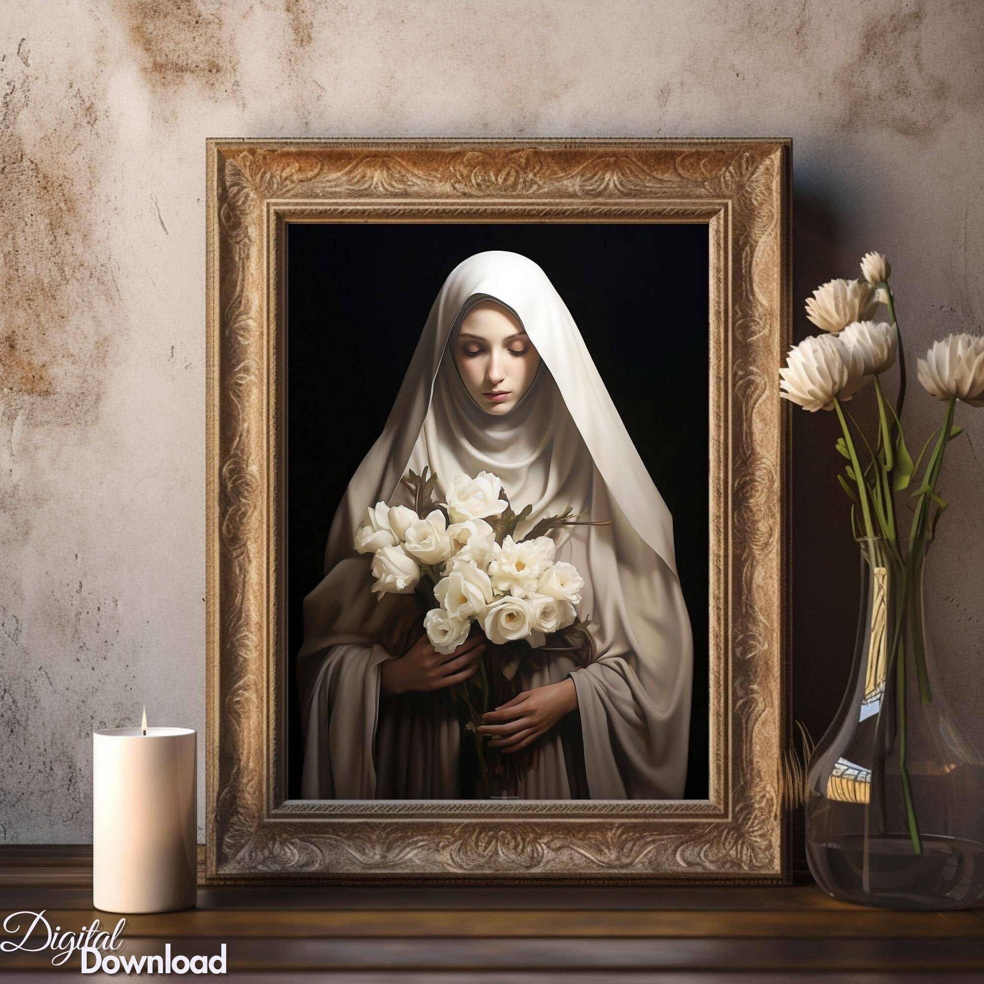 Virgin Mary with Roses Print: Serene Madonna Art (Digital Download)