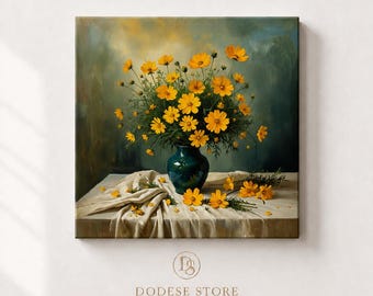 Yellow Wildflower Wall Art – Vintage Floral Still Life Canvas or Poster