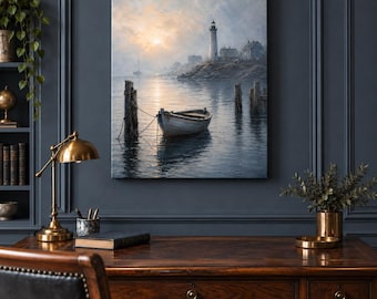 Arte mural costero con faro, pintura de un puerto oceánico con ambiente melancólico