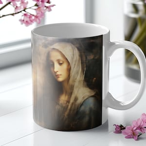 Virgin Mary Art Mug: Customizable Christian Icon Drinkware