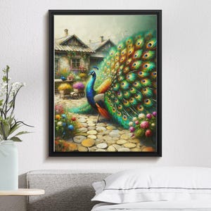 Peacock Garden Art Print: Elegant Home Decor (Digital Download, Multiple Ratios)