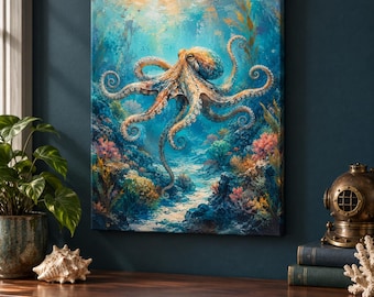 Lienzo decorativo de pared con diseño de pulpo costero, pintura submarina del océano, decoración náutica para casa de playa.