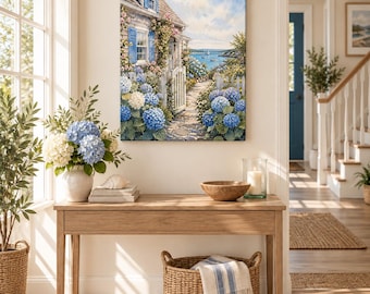 Decoración de pared estilo casa de campo costera, pintura de jardín de hortensias