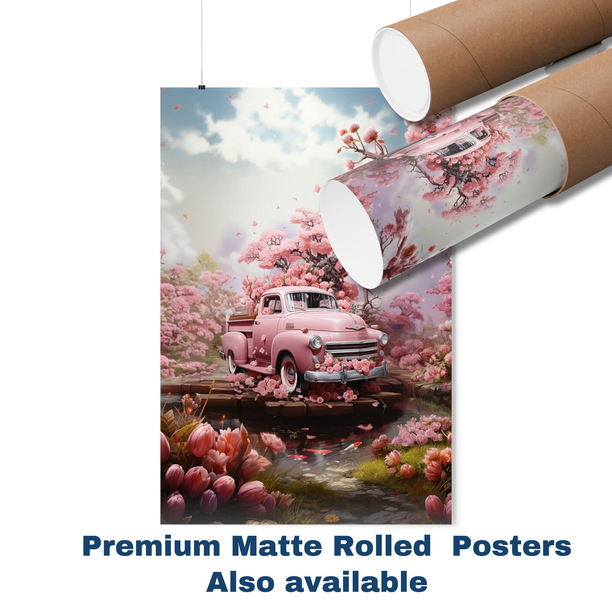 Pink Pickup Truck Floral Print: Vintage Koi Pond Art