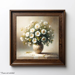 Eterna primavera flores blancas clásicas que desbordan de un opulento jarrón vintage en lienzo de grado artista final cartel mate de archivo
