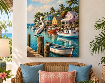 Cuadros de pueblos tropicales en la playa, pinturas de puertos costeros, decoración isleña.