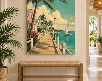 Arte mural costero tropical, pintura de puerto isleño