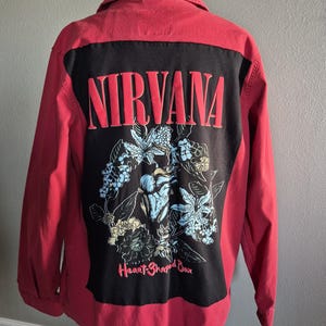 Upcycled Nirvana Heart Shaped Box Kurt Cobain Red Grunge Music Concert Jacket: Large One of a Kind
