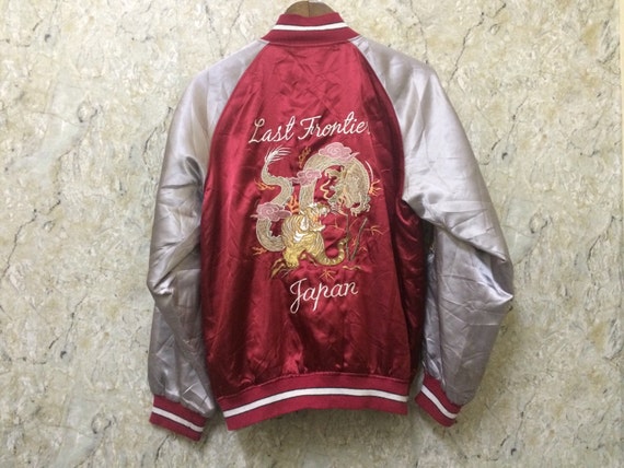 Vintage Embroidered Sukajan Varsity Jacket, Dragon Fight Tiger, The Last Frontier Design, Yakuza, Japan, Size L Rare