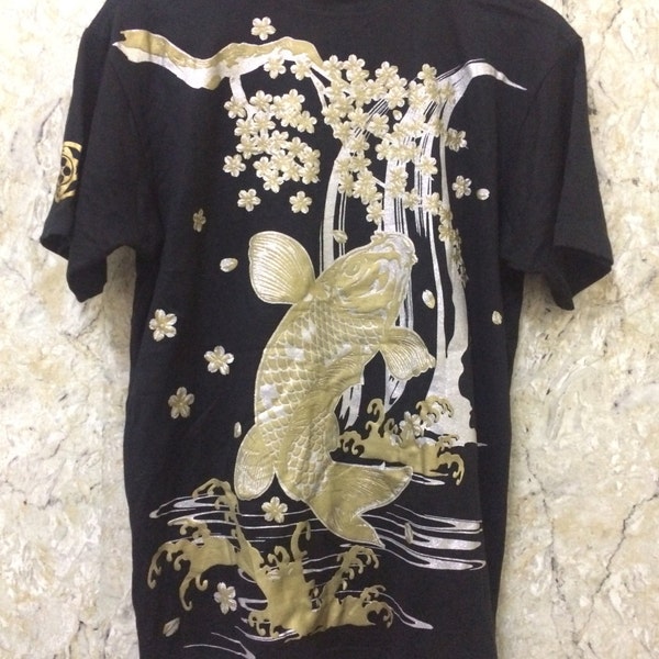 Vintage Japanese Souvenirs Sukajan T-Shirt, Koi Fish Design, Tiger, Yakuza, Airborne, Dragon, Japan Size L Rare